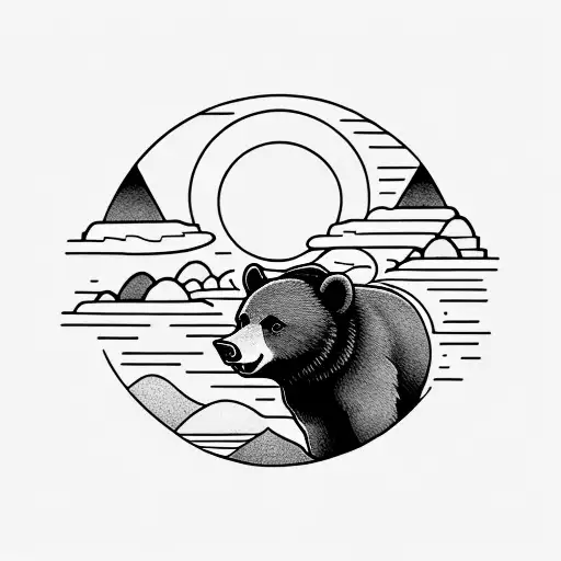 A Sun With A Small Black Bear Climbing A Mountain In The Background