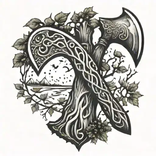 A Viking Axe Morphing Into Tree Branches Symbolizing The Connection Between Nature And Strength