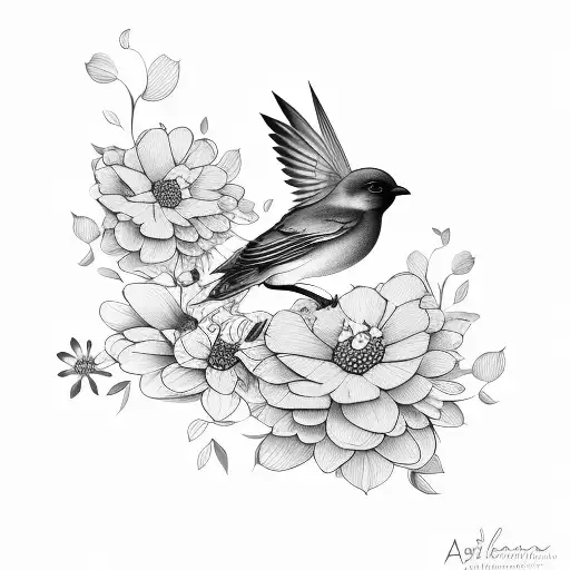A Minimalist Tattoo Of A Bird Perched On A Blooming Flower