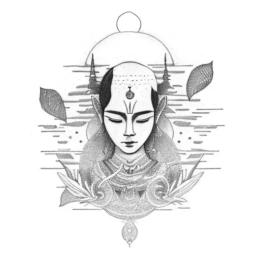 A Dotwork Tattoo Featuring A Warrior Meditating In A Serene Natural Setting