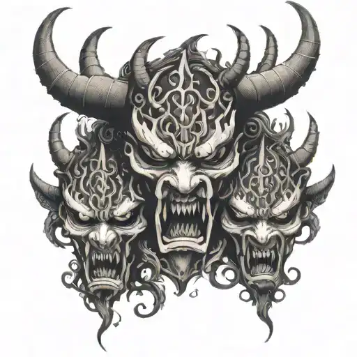 A Triple Intertwined Design Featuring Elements Of Dark Oni Demon Masks And The Backwards 5 Symbol