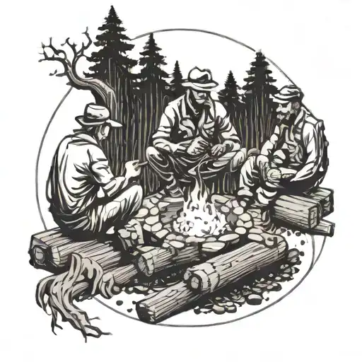 3 Men Sitting In A Circle Around A Campfire On Two Long Wooden Logs