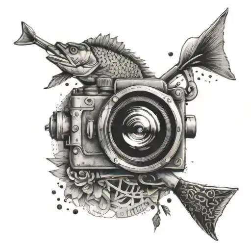 A Camera Lens With A Fish And Hunting Rifle Intertwined Around It