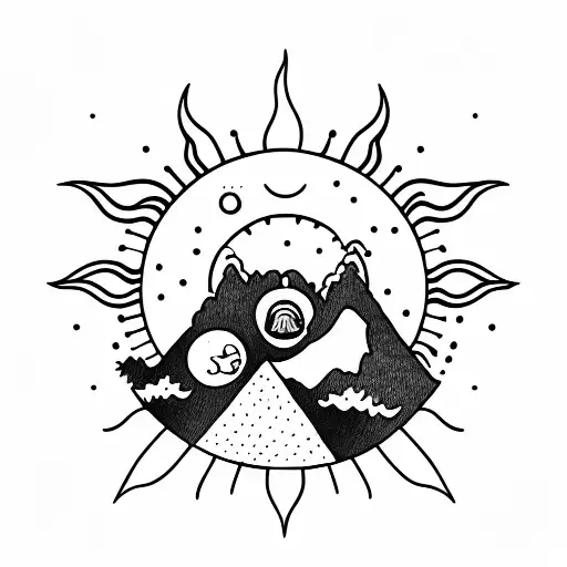 A Sun With A Small Black Bear Climbing A Mountain Inside