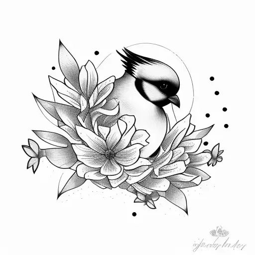 A Minimalist Tattoo Of A Bird Perched On A Blooming Flower