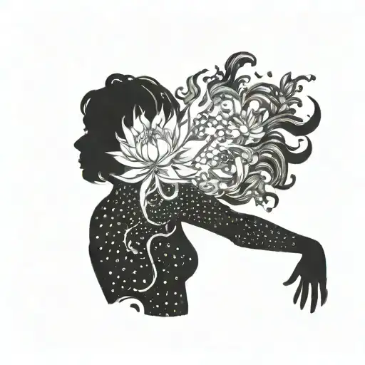 Silhouette Of A Girl Blazing In Fire And Reaching For A Flower