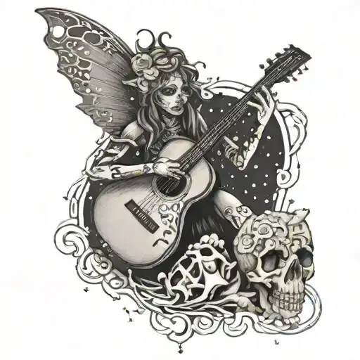 A Fairy Playing A Guitar Made Of Bones At A Music Festival Under A Starry Sky