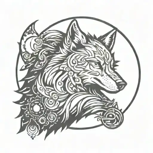 An Intricate Tattoo Design Featuring A Wolf Howling At A Moon Made Of Pixelated Gaming Symbols