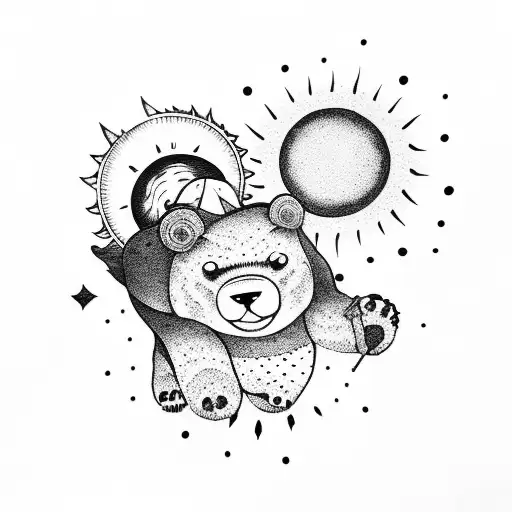 A Sun With A Very Small Bear Climbing A Mountain Inside