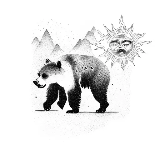 A Sun With A Very Small Black Bear Climbing A Mountain In The Background