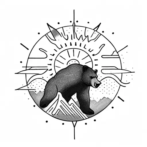 A Sun With A Small Black Bear Climbing A Mountain Inside