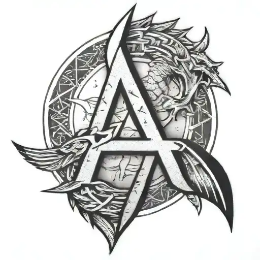 A Dotwork Design Of Valhalla With Norse Runes Spelling Out 'Tyler Phoenix King'