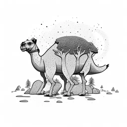 Camel Traveling Over Mossy Rocks With Dog Barking