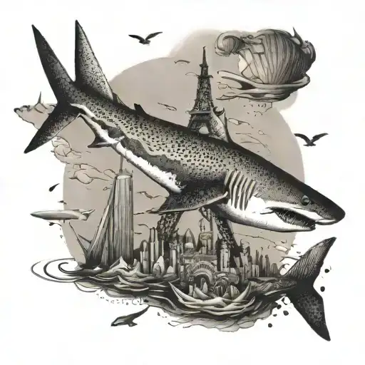 A Shark With Wings Flying Over Famous Landmarks Around The World