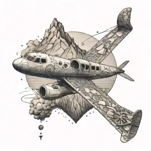 A Dotwork Tattoo Of A Woman Sketching A Detailed Aircraft Design With Mountains In The Background