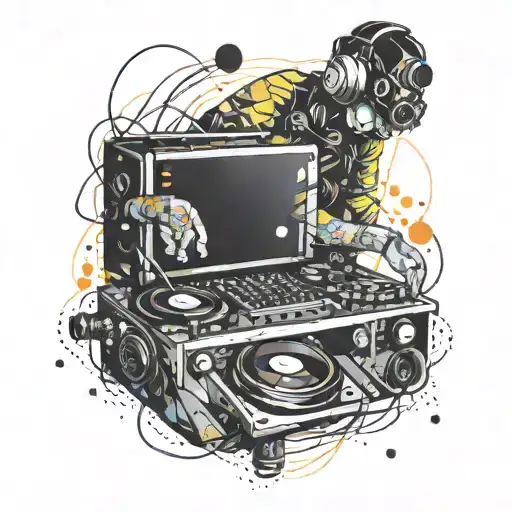 A Dj Mixing Music With Vibrant Colors And Abstract Shapes Representing Sound Waves