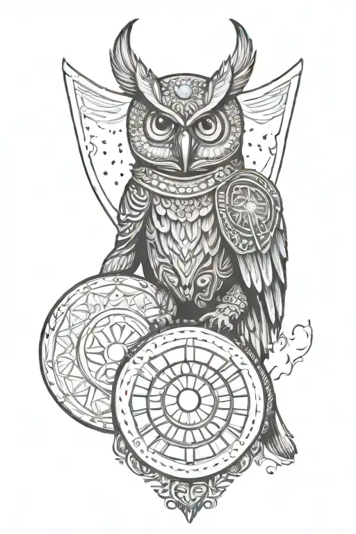 A Warrior Holding A Shield With An Owl Design And An Evil Eye Symbol