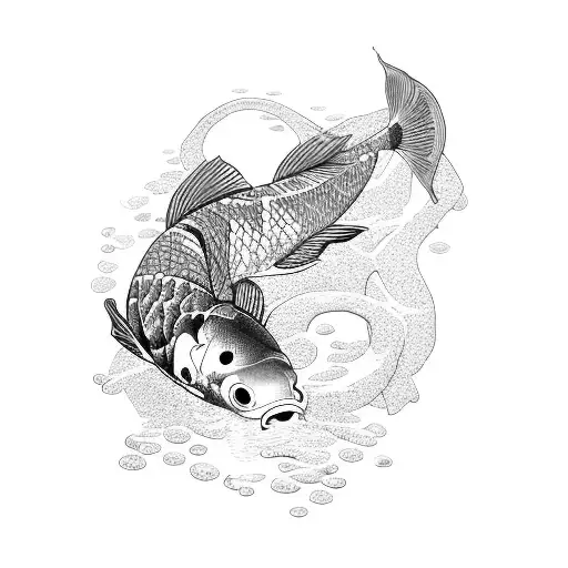 A Koi Fish Swimming Upstream With Military Camouflage Pattern Scales