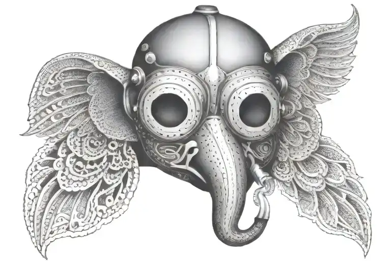 A Welder's Mask Adorned With Elephant And Owl Motifs In Dotwork Style