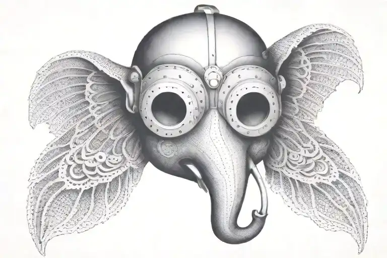 A Welder's Mask Adorned With Elephant And Owl Motifs In Dotwork Style