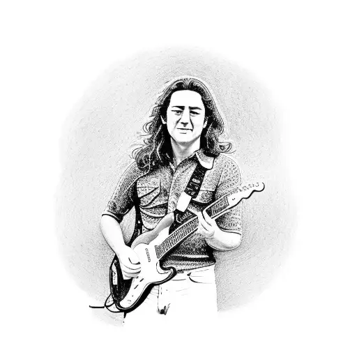 A Detailed Portrait Of Rory Gallagher Holding His Iconic Guitar