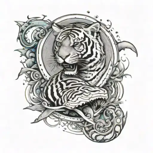 Create A Tattoo Of A Tiger And A Shark Circling Each Other In A Yin Yang Symbol