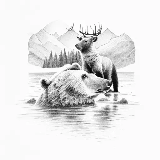 A Bear And A Deer Drinking From A Tranquil River In The Wilderness