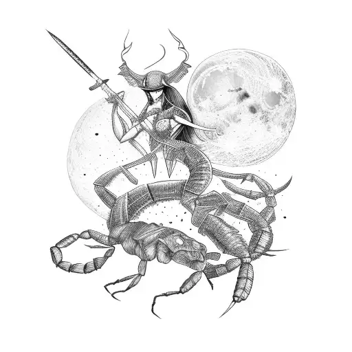 Elegant Female Warrior Riding A Scorpion Through A Moonlit Forest