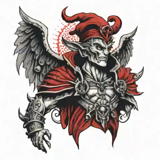 Stylized Scary Archangel Lucifer Next To A Creepy Jester In A Red Cap With Bells