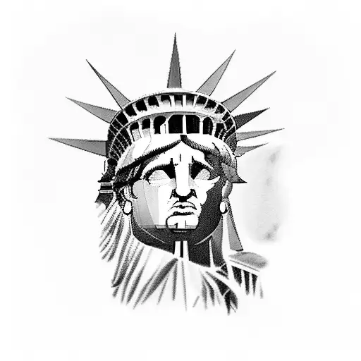 A Stylized Black And Grey Portrait Of Scarface With The Statue Of Liberty In The Background