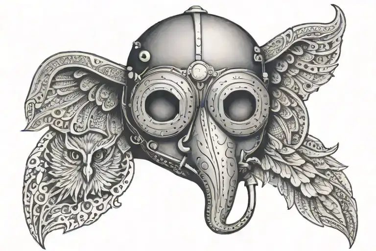 A Welder's Mask Adorned With Elephant And Owl Motifs In Dotwork Style