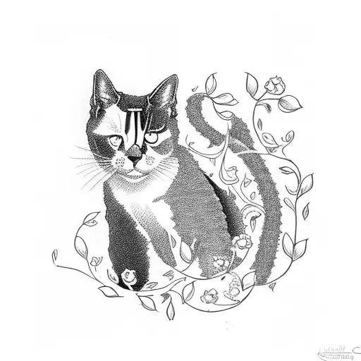 A Delicate Vine Of Wildflowers Intertwined With A Silhouette Of A Cat