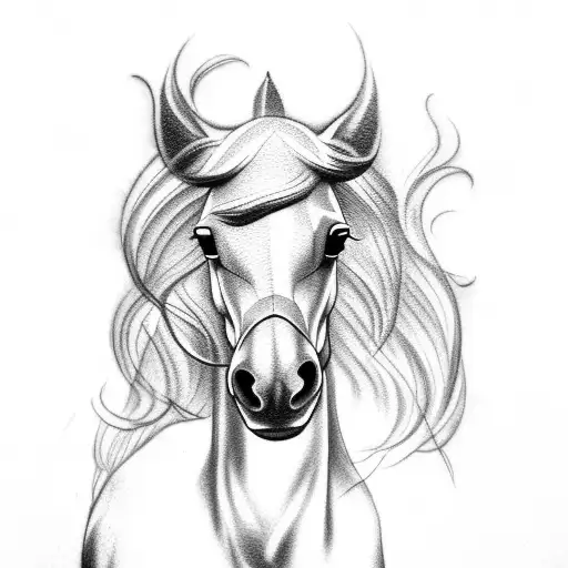 A Dotwork Tattoo Of A Horse With Baby Feet Forming Its Mane