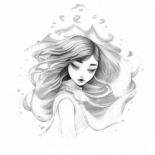Girl Surrounded By Flowing Water In A Twirl And Back And White