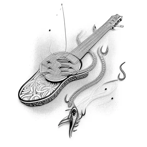 A Guitar Composed Of Intricate Fishing Hooks And Lines