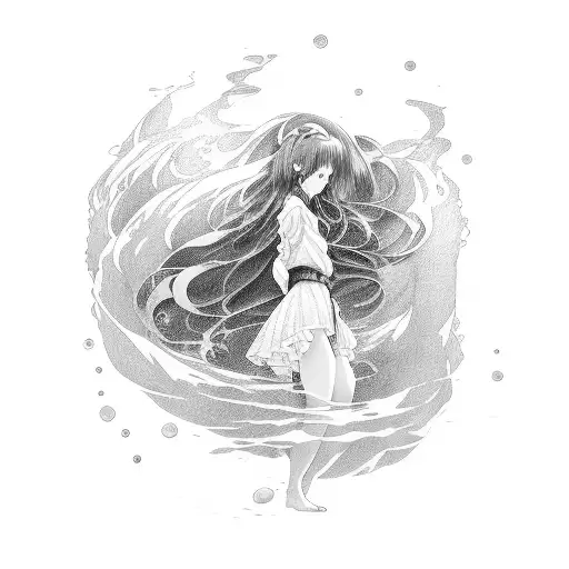 Anime Girl Surrounded By Flowing Water In A Twirl And Back And White