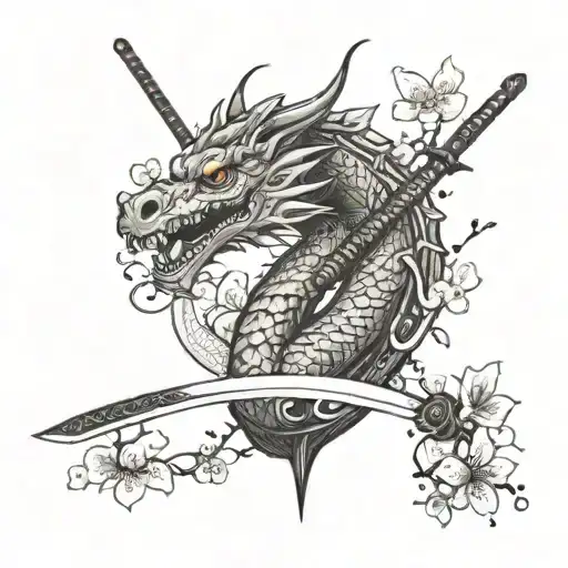 A Fierce Dragon Coiled Around A Katana Sword With Cherry Blossoms Blooming Around Them