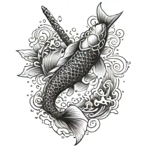 A Majestic Koi Fish Swimming Gracefully Around A Katana Sword