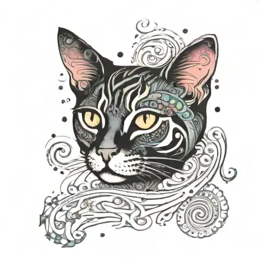 A Dotwork Tattoo Of A Cat Surrounded By A Swirl Of Vibrant Colors