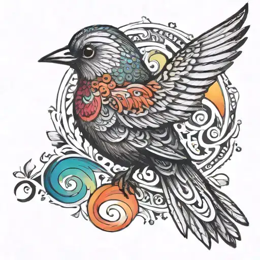 A Dotwork Tattoo Of A Bird Surrounded By A Swirl Of Vibrant Colors