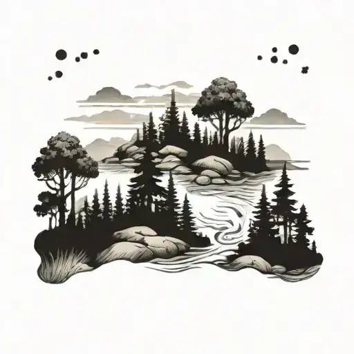 A Detailed Landscape Tattoo Of A River Winding Through A Forest Of Juniper And Yew Trees