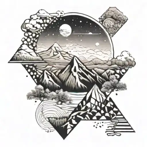 Mountain Scene Geometric Tattoo With Dna Double Helix