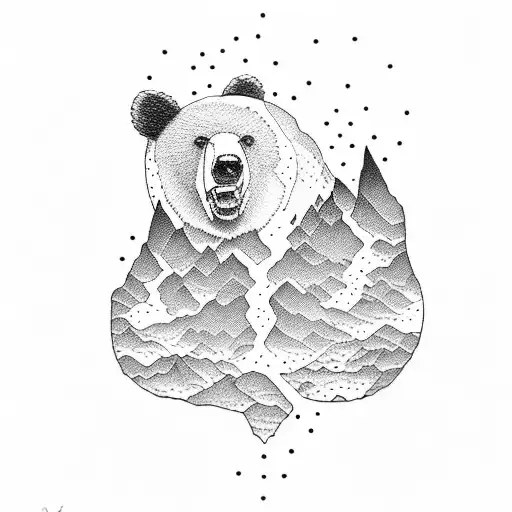 A Dotwork Tattoo Of A Bear With A Topographic Map Of A Valley Within Its Paw Prints