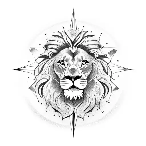 Lion With Compass Over His Head And Flower On Eye