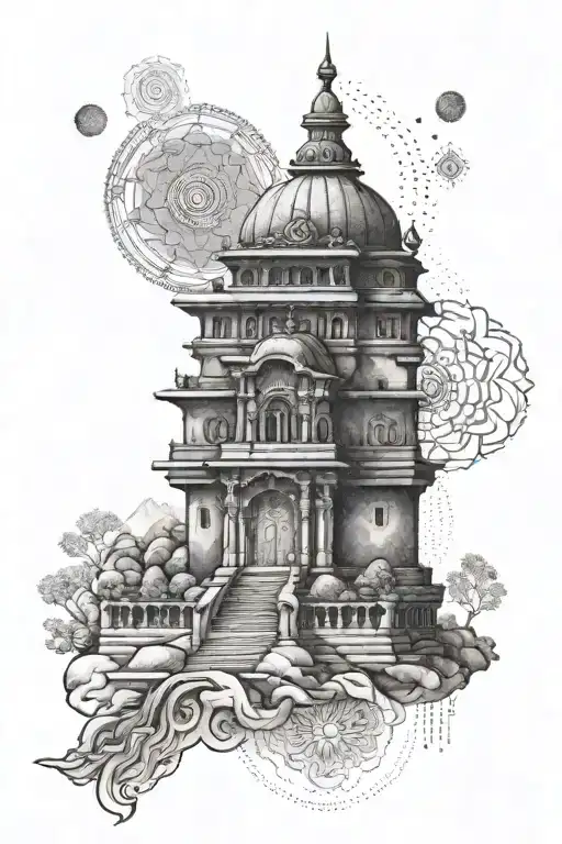 A Dotwork Tattoo Of The Kedarnath Temple With A Chakra Incorporated Into The Design