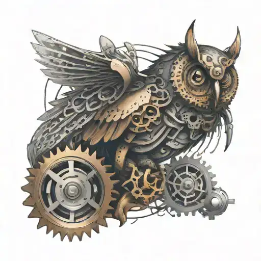 A Surreal Tattoo Of A Robotic Owl Perched On A Steampunk Gear