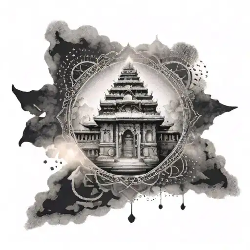 A Dotwork Tattoo Of The Kedarnath Temple With A Chakra Incorporated Into The Design