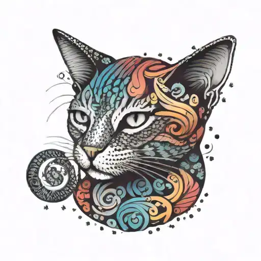 A Dotwork Tattoo Of A Cat Surrounded By A Swirl Of Vibrant Colors