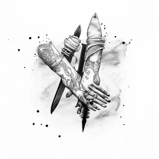 Two Woman Hands Holding A Decaying Sword