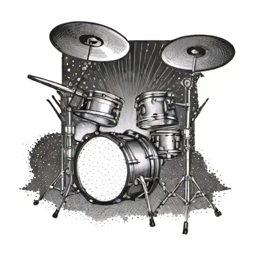 A Drum Set With Sun Rays Emanating From Behind It In A Dotwork Style